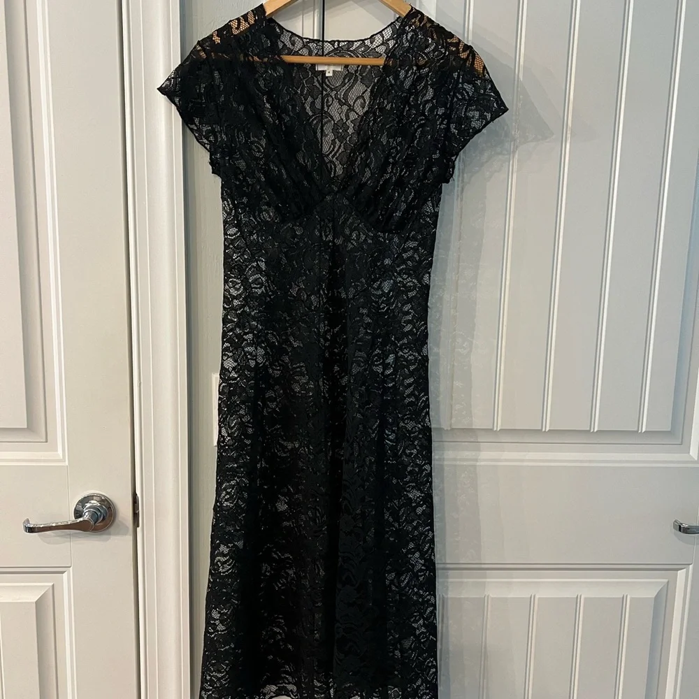 Ruth Anthropologie Elegant Black Teal Lace Silk Slip Dress Size 4 - Picture 7 of 12